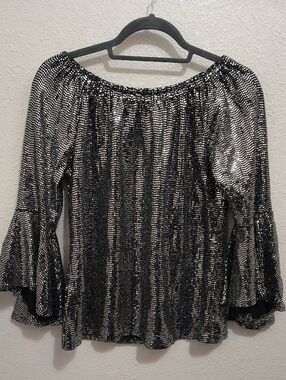 SAM and JESS Sequin Metallic  Shimmy Off-Shoulde Bell Sleeve Top-Silver/Black